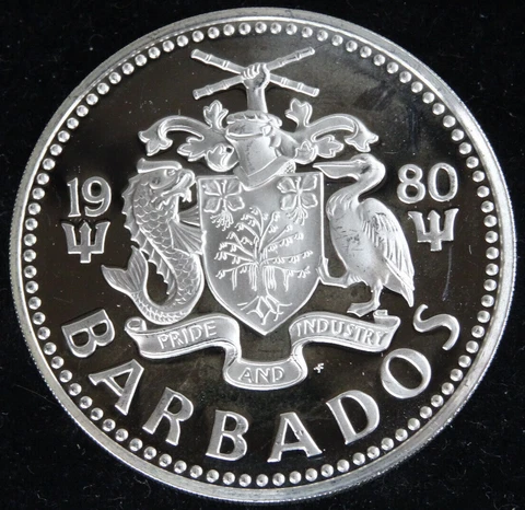 1980 Barbados Silver Proof Ten 10 Dollars .925 KM #17a Elizabeth II Cover