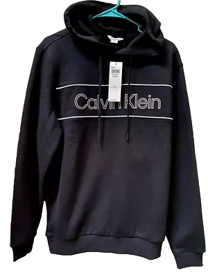 NWT CALVIN KLEIN HOODIE SWEATSHIRT  BLACK WITH WHITE PIPING LOGO MENS MEDIUM - Image 1 of 2