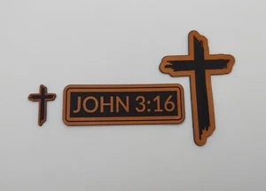 John 3:16 Cross Patch Set - Laser Engraved Iron-on Patches - Light Brown - Picture 1 of 2
