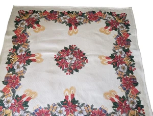 Vintage Austrian Christmas Tablecloth Topper Woven 38X39 Poinsettia Candles - Picture 1 of 13