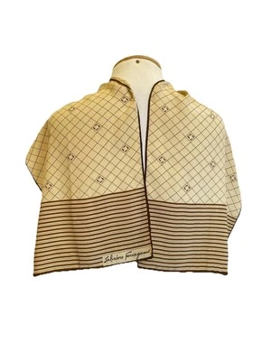 Salvatore Ferragamo шелковый шарф бежевый коричневый сетки полоски узор логотип Италии #A65 - Изображение 1 из 4