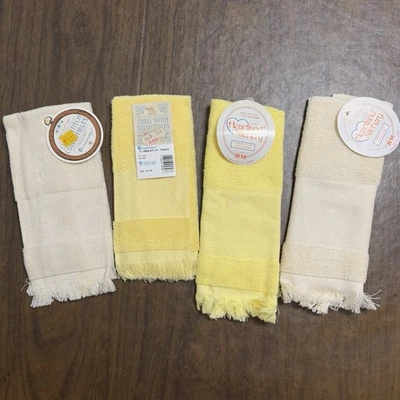 4 Charles Craft Cross Stitch & Heart Stitchery 14 Ct Towels Ecru & Yellow w Tags - Image 1 of 4