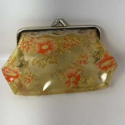 Bolsa de troca vintage vinil transparente com estampa floral laranja fechamento beijo Japão - Imagem 1 de 3
