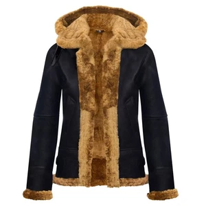 Womens Sheepskin Hooded B3 Flying Leather Jacket RAF Aviator Pilot Brown Ginger - Picture 1 of 6