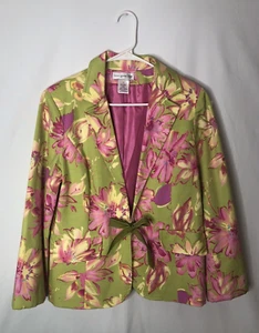 Susan Graver size 12 pea green/pink floral lined blazer open front ribbon tie - Picture 1 of 7
