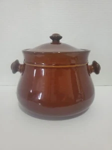 Vintage Baked Beans Double Handle Brown Stoneware Pottery Crock Pot Lid 2qt - Picture 1 of 8