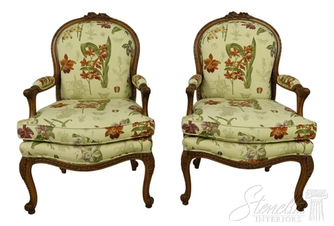 56703EC: Pair SHERRILL French Louis XV Carved Frame Open Armchairs Cover