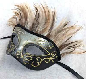 Black & Champagne Feathered Men’s Masquerade Mask Handmade Venetian Masque - Picture 1 of 9