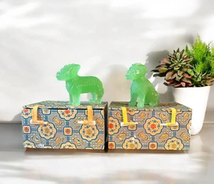 Vintage Jadeite Green Glass Foo Dog Guardian Statues Boxed Pair 1980s Chinese - Picture 1 of 22