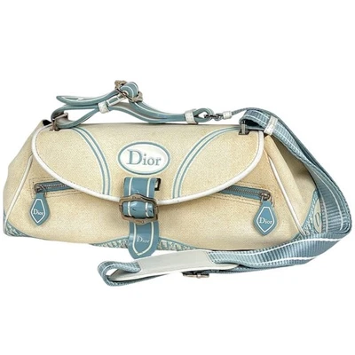 Bolso de Hombro Christian Dior Azul Marfil Lona Cuero Goma Auténtico de Japón Foto 1 de 4