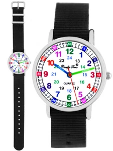 Armbanduhr Kinder Jungen Uhr Lernuhr Nylon Wechsel Armband schwarz analog Quarz - Bild 1 von 11
