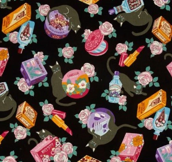 Cats Cosmo Black Cats and Makeup Black Background Cotton Quilting Fabric 1/2 YD - image 1 of 1