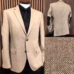 Hugo Boss Wool Sport Coat 42R us 52R Eu - Beige HERRINGBONE patch Blazer Jacket - Picture 1 of 24