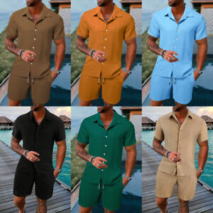 Mens Summer Outfit 2-Piece Set Short Sleeve Button Shirts Short Pants Sweatsuit