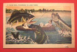 Comic Fishing Linen Postcard ~ It Takes Real Fisherman To Land These - Picture 1 of 2