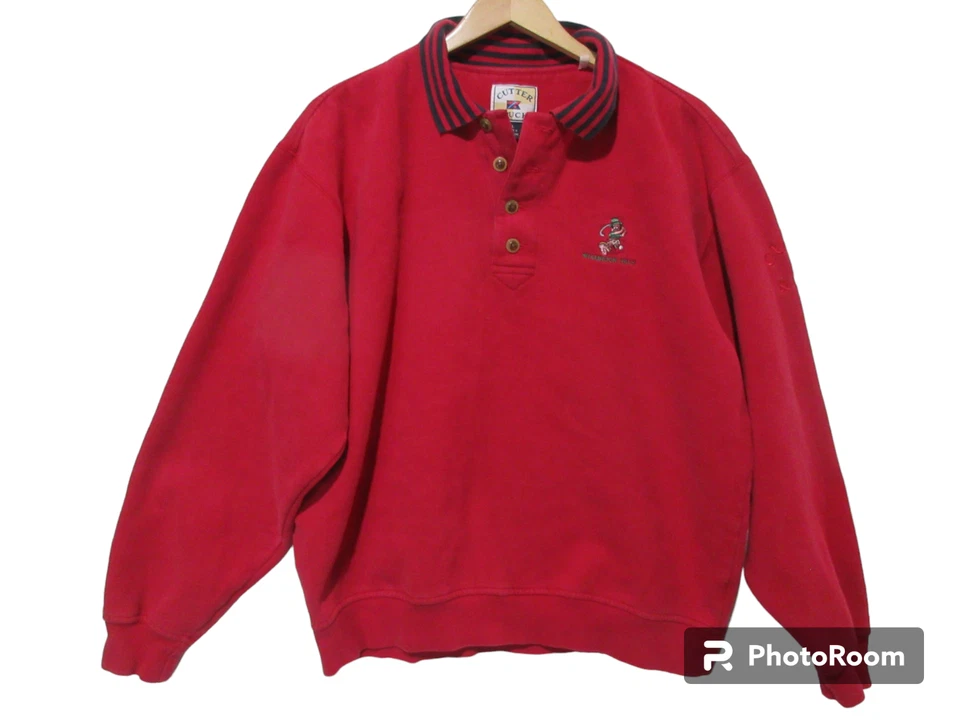 Sz L VINTAGE Cutter & Buck Red Golf Polo Sweatshirt Mens Embroidered 1/4 Button - Image 1 of 4
