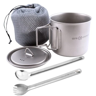 EVOLY OUTDOORS Bundle of Titanium Cookware Ultralight 18oz 550ml Cup Mug Long Spoon Spork