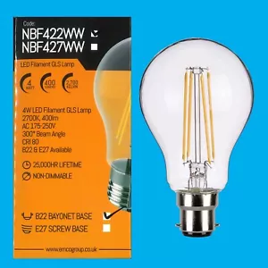 2x 4W (=40W) Clear LED Filament GLS, BC B22 Bayonet Cap, 2700K, Light Bulb, Lamp - Picture 1 of 2