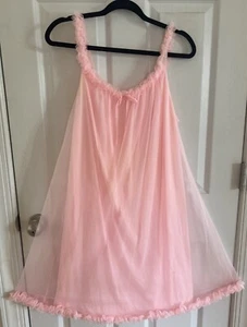 Vintage Pink Layered Babydoll Chiffon Nightgown With Ruffled Neck And Hem Sz Lg - Picture 1 of 10