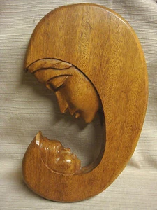 Large Hand Carved Wooden Plaque VIRGIN MARY & BABY JESUS by Fr. Herculan, O.F.M. - Picture 1 of 10