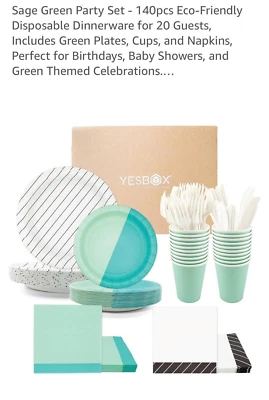 Juego de fiesta verde salvia - 140 piezas vajilla desechable ecológica para 20 invitados Foto 1 de 4