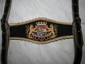 Alte Echtleder Lederhosenträger Bayernwappen Handbestickt auf Tuch Top Zustand - Picture 1 of 8