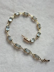 14K Solid Yellow Gold Blue Topaz Emerald Cut Tennis Bracelet 7.5 Inches Bb - Picture 1 of 10