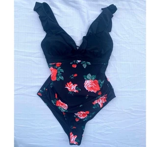 Sz M Floral One Piece Swimsuit Ruffle V Neck Women's Swimwear - Picture 1 of 3