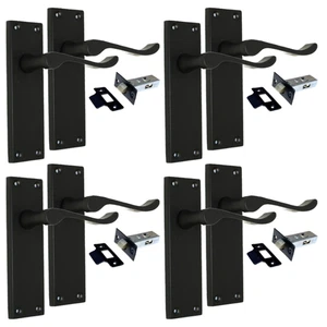 Matt Black Victorian Scroll Door Handle with 150mm Backplate + Tubular Latch x 4 - Picture 1 of 8