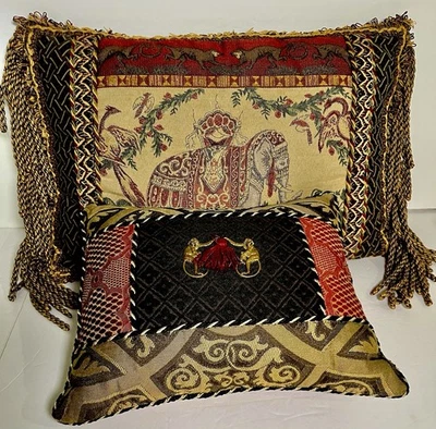 VTG Tapestry Decorative Throw Pillow Set Elephant Monkey Regal Motif Fringe Trim - Image 1 of 4