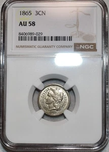 NGC AU-58 1865 Nickel Three Cent Piece, Strong Luster & Lightly Circulated. - Picture 1 of 2