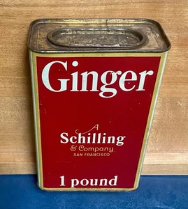 Vintage Huge SCHILLING 1 Lb Ginger Industrial Size S.F. Red Spice Tin Full~VHTF! - Picture 1 of 6