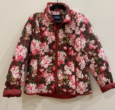 Lands End Floral Quilted Car Coat PM Pink Burgundy Packable Lightweight Petite - Image 1 of 4
