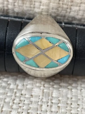 ANILLO HECHO A MANO 10 PLATA ESTERLINA ZUNI Turquesa Madre Perla Incrustado para hombre Foto 1 de 4