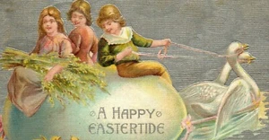 Una feliz Pascua - 3 niñas en un huevo siendo tiradas por gansos 1909 postal BB2 - Imagen 1 de 4