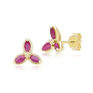 Floral Marquise Ruby Stud Earrings in 9ct Yellow Gold - Picture 1 of 8