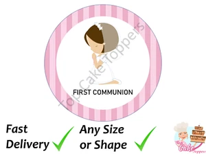rosa gestreifter Erstkommunion Mädchen Tortenaufleger Zuckerguss Oblate personalisiert - Bild 1 von 2