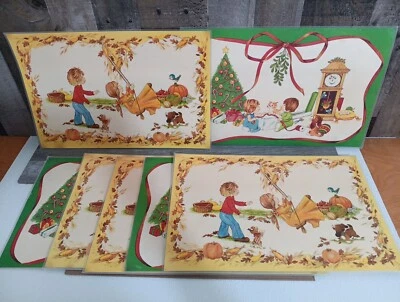 Vintage Fall / Winter Reversible Holiday Laminated Placemat Set Of 7 Christmas - Image 1 of 4
