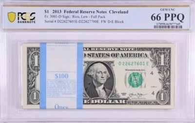$1 2013 Cleveland Full Pack BEP 100 Notes PCGS Gem UNC 66 PPQ, FW D-E, Full Pack - Image 1 of 2