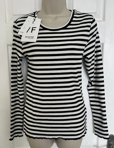 NWT Womens Selected Femme Medium Black White Stripe LS Stretch T Shirt Top - Picture 1 of 14