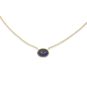 Blue Sapphire Cabochon Solitaire Necklace Hand Made In 14k Yellow Gold - Picture 1 of 3