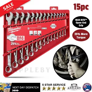 New Milwaukee 48229415 15pce SAE Combination Wrench Set Max Bite Open-End Grip - Picture 1 of 12