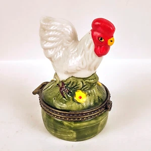 Rooster Trinket Box Porcelain Hand Painted Oval Farm Animal Vintage Farm Decor - Picture 1 of 10