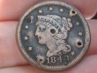 1848 BRAIDED HAIR LARGE CENT PENNY- FINE/VF DETAILS, HOLED 5 TIMES