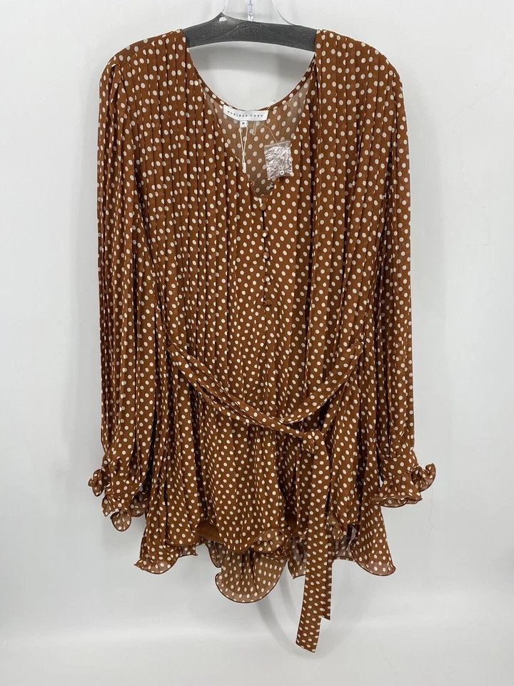 Nuevo con etiquetas Mameluco Plisado Rosa Sin Final - Marrón y Blanco Lunares Gasa, Talla M Foto 1 de 4