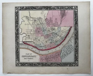 Cincinnati Ohio city plan 1860 Mitchell hand colored nice decorative map - Picture 1 of 6