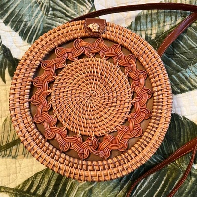 Round Crossbody Bag Tan  & Brown Rattan Wicker Leather Closure and Handle Lined - Image 1 of 4