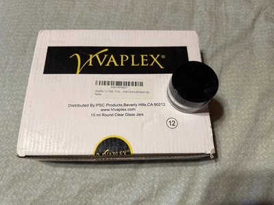 Vivaplex 12 Clear 15 ml (1/2 oz) Round Glass Jars with Inner Liners & black lids - Image 1 of 3