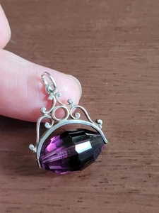 ANTIQUE SILVER & AMETHYST SWIVEL ALBERTINA WATCH FOB - Picture 1 of 3