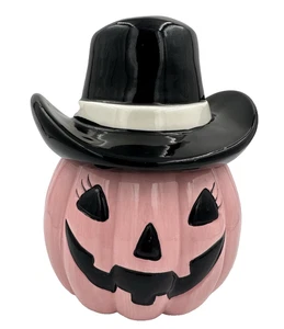 Sombrero de vaquero negro calabaza rosa tarro de cerámica para galletas 7,5" Halloween Pinkoween - Imagen 1 de 9